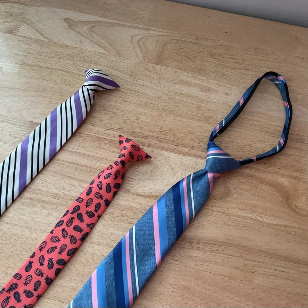 Lot x3 Boys Neck Tie Youth Clip On Striped Pineapple Print Purple Blue Pink M/L